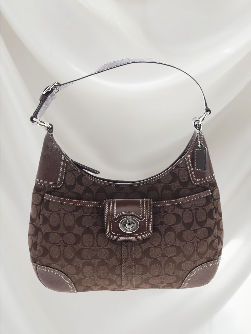 Coach Brown Signature Jacquard Shoulder Bag with Leather Trim